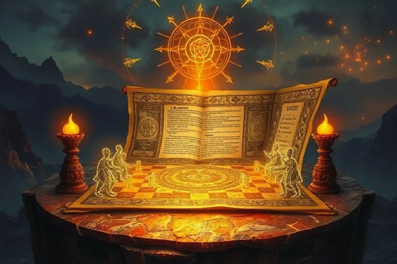 Tablero de ajedrez etéreo con piezas de luz y sombra, un pergamino antiguo con geometría sagrada, y un fondo borroso de paisajes terrestres.