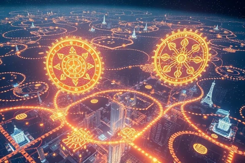 Engranajes translúcidos de luz y energía entrelazados, con símbolos de protección y guía, e hilos de luz influenciando ciudades y paisajes distantes.
