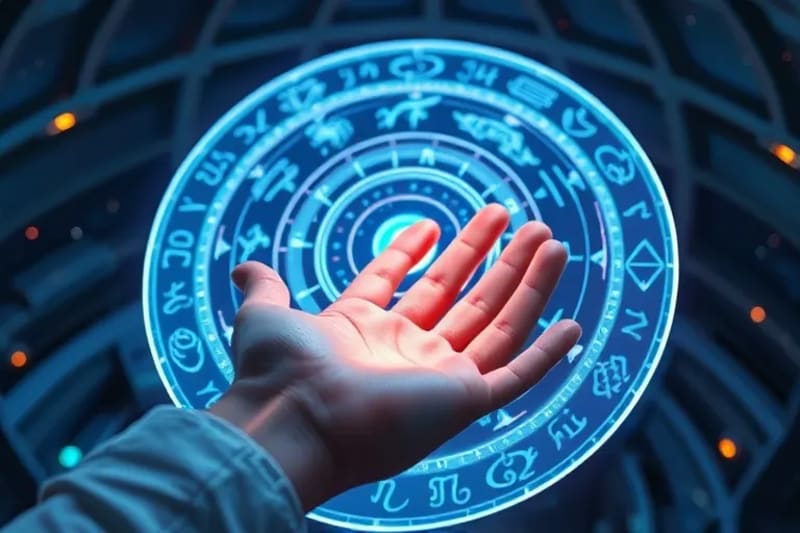 AI-Assisted Astrological Insights Ethereal hand interacting with holographic astrological chart, symbolizing advanced divination