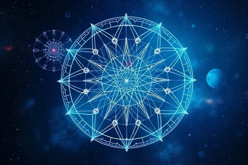 Mapping Collective Cosmic Trends Abstract neural network with astrological symbols representing collective thought