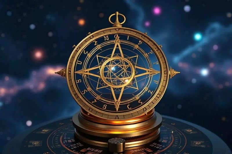Harmonizing Ancient Wisdom and AI Ancient astrolabe on circuit board pedestal, symbolizing tech-wisdom fusion