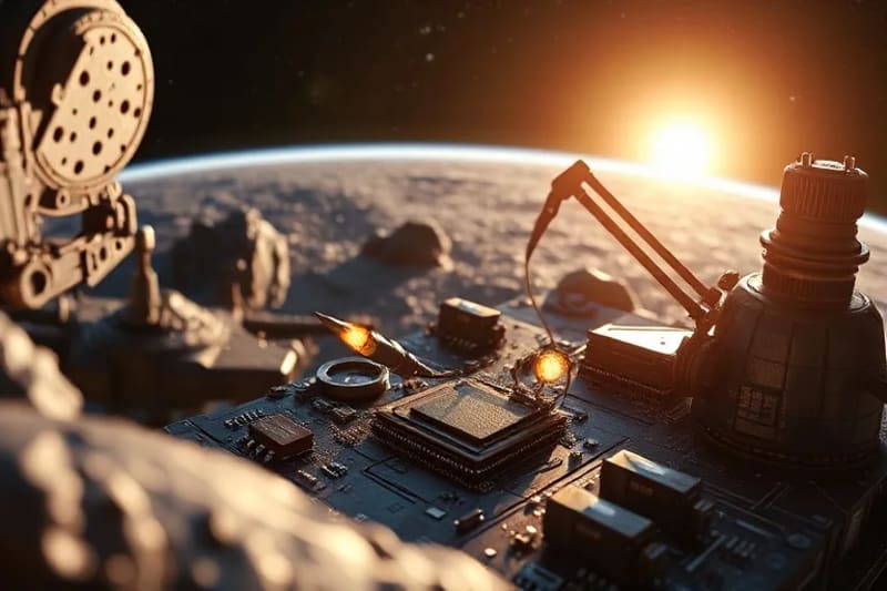 Operación futurista de minería de asteroides con brazos robóticos extrayendo recursos y una estación espacial procesando materiales.