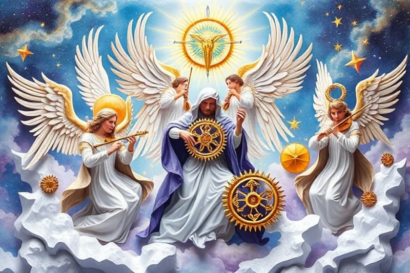 Pintura acuarela de arcángeles interactuando con mecanismos cósmicos, creando armonía