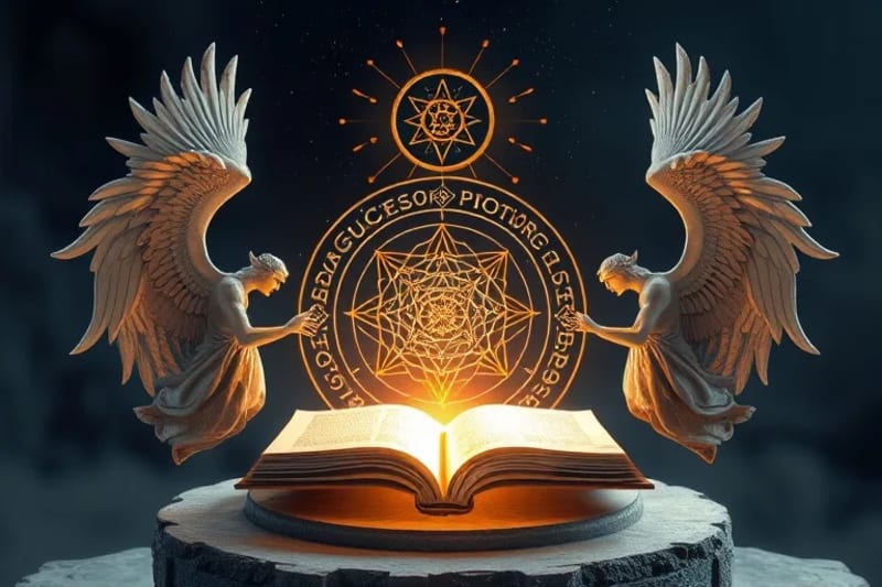 Representación 3D de arcángeles como guardianes de un cosmos geométrico y ordenado