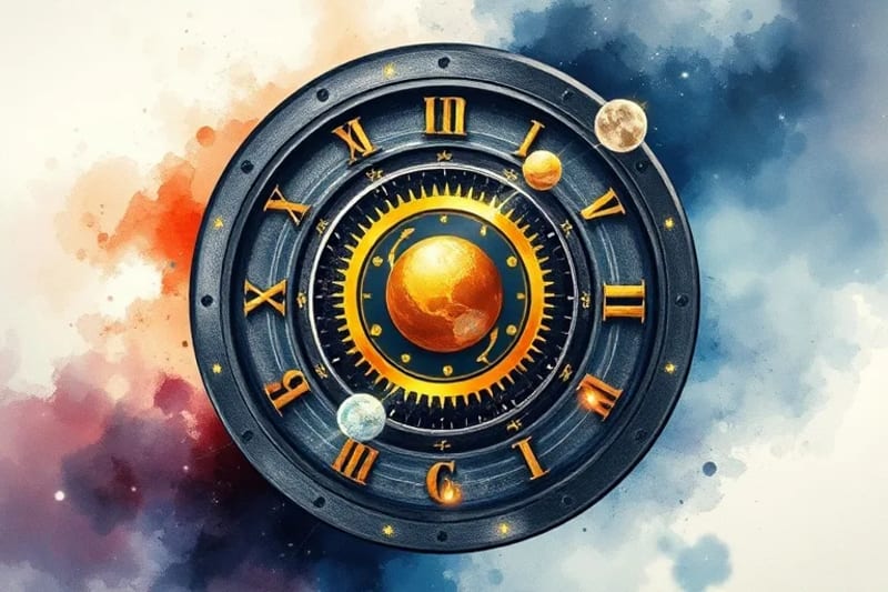 Digital art depicting intricate clockwork gears representing planets in motion, transforming from dark to golden, set against a cosmic nebula.