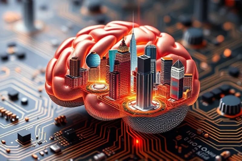 Ilustración de un cerebro conectado a elementos arquitectónicos y naturales.