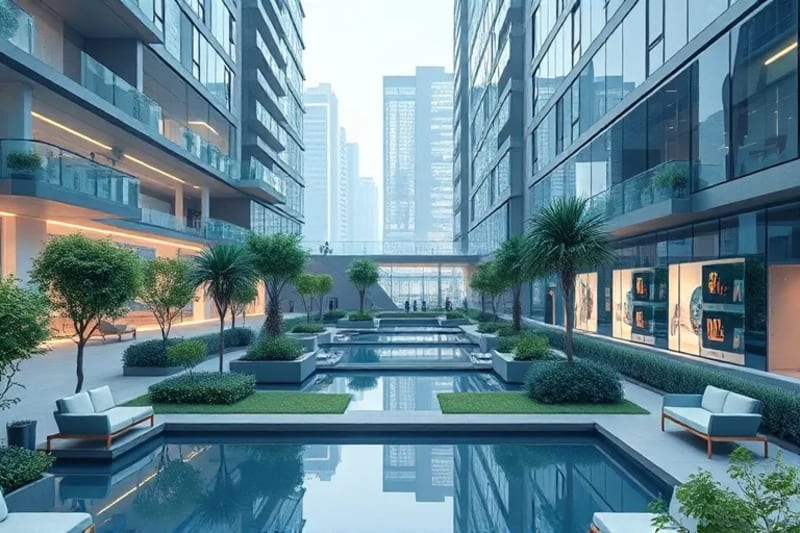 Parque urbano futurista con diseño ergonómico y vegetación integrada.