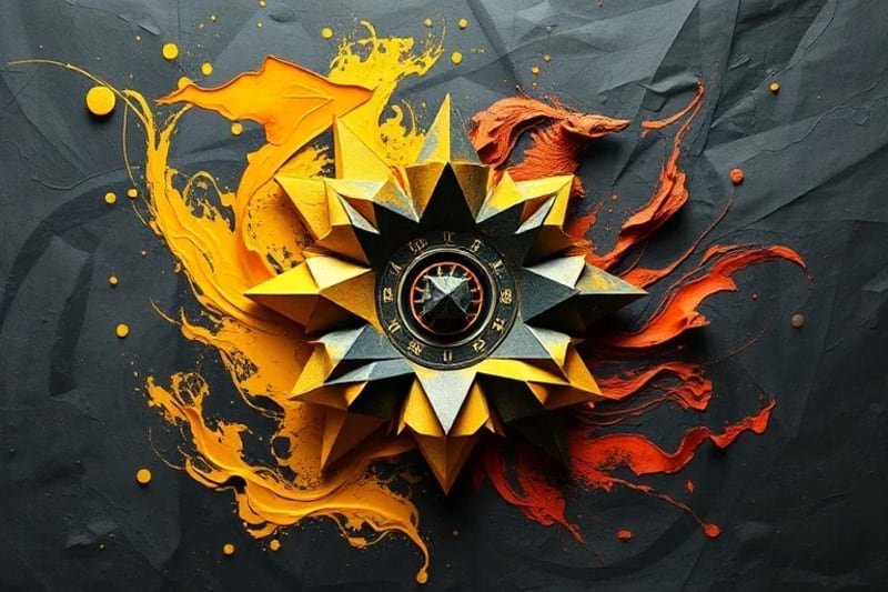 Abstract painting of swirling colors transitioning from dark grays to vibrant golds, with subtle celestial patterns, symbolizing alchemical transformation.