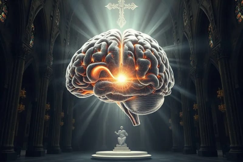 Representación artística de un cerebro humano con patrones de luz que simulan la actividad neuronal durante la meditación y la oración.