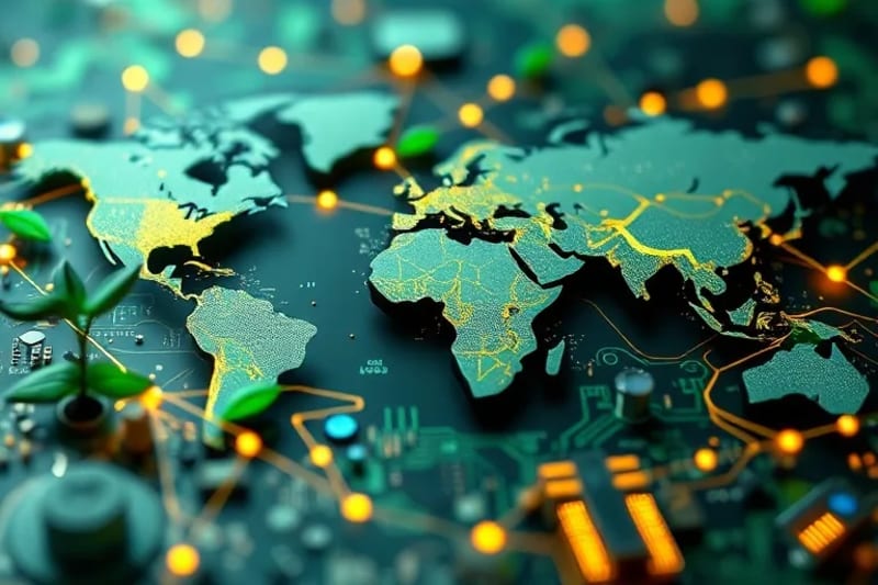 Abstract global financial network with green, blue, and gold elements