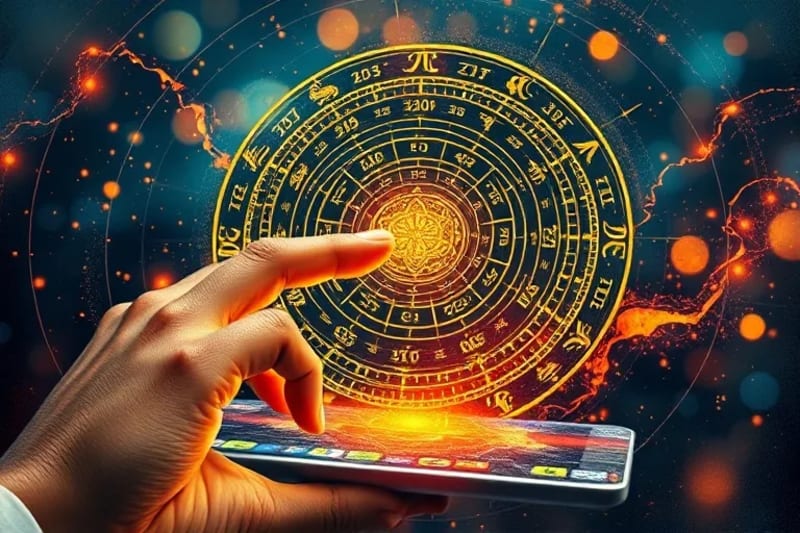 A human hand interacts with a glowing astrological birth chart on a translucent tablet, with abstract data visualizations flowing in the background, symbolizing the integration of personal and collective data.