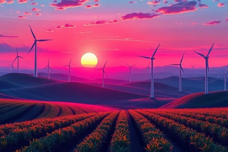Impressionistic oil painting of wind turbines and automated farming drones in a serene landscape