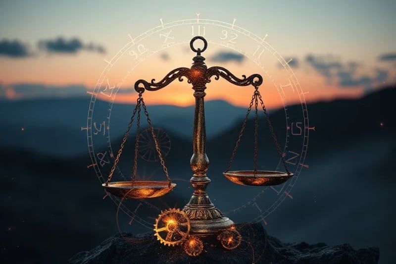 Abstract 3D render of interlocking gears and circuits forming a delicate balance with scales of justice, with lines of code weaving through cosmic patterns, symbolizing ethical considerations in AI predictive astrology.