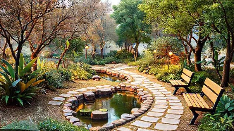 Ilustración digital de un parque urbano con diseño Feng Shui, caminos curvos, estanque, rocas y vegetación, creando un ambiente de calma.