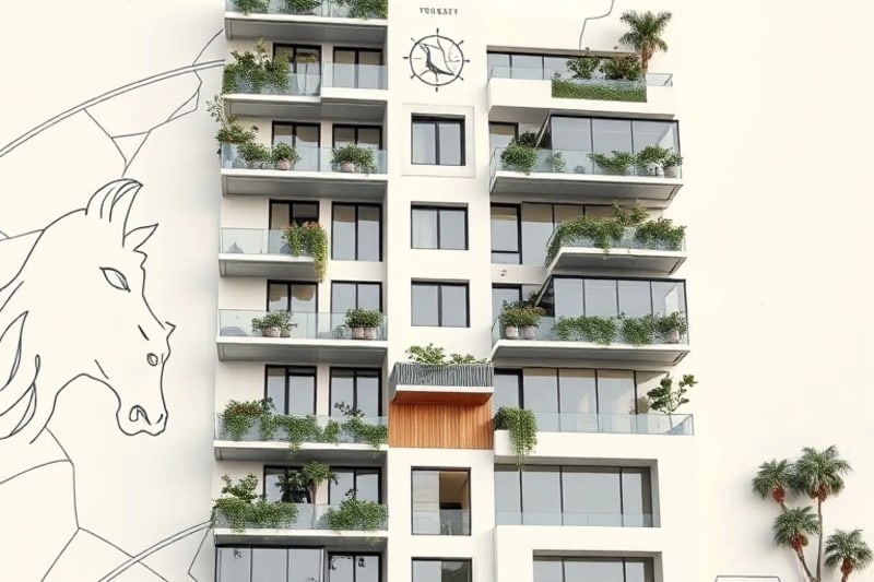 Detalle arquitectónico abstracto de una fachada de edificio sostenible con jardines verticales y paneles solares, diseño fractal y materiales naturales.