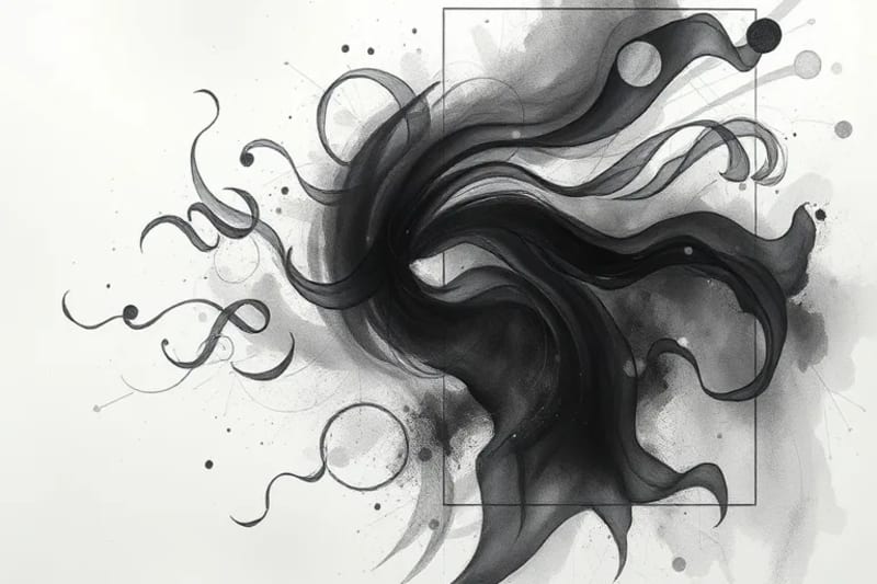 Abstract watercolor depicting the shadow self emerging from a birth chart, with hidden archetypal symbols.