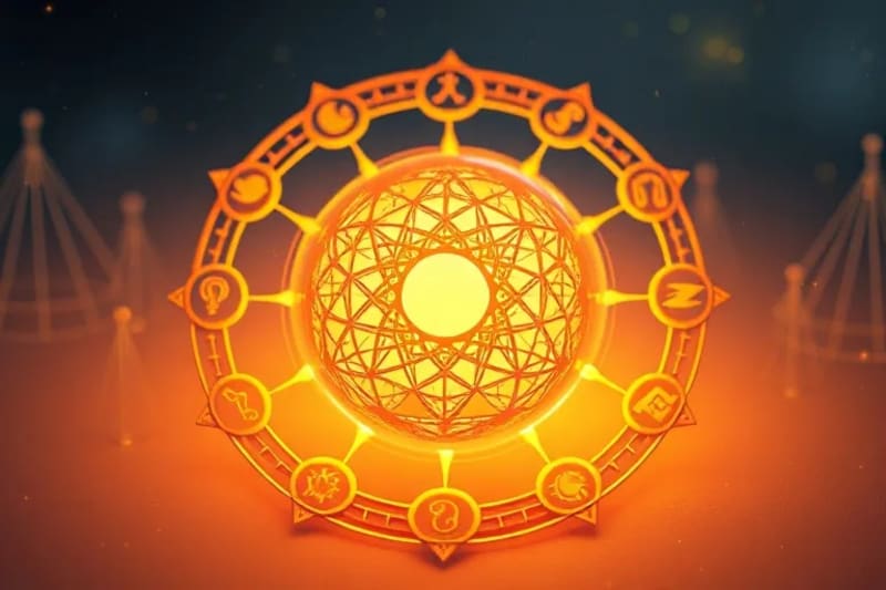 3D render of a glowing sphere at the center of interconnected Jungian archetypes and astrological glyphs, symbolizing inner balance.