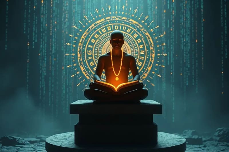 Silueta humana meditando rodeada de flujos de datos luminosos que forman un rosario