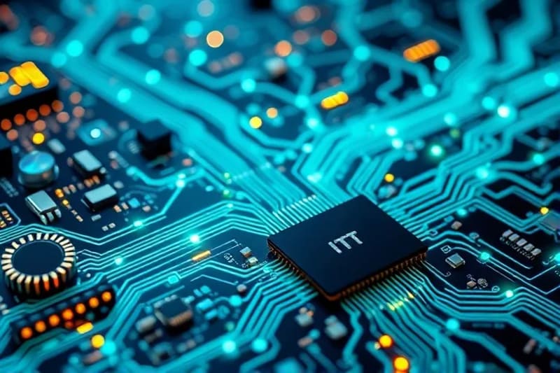 Vector art illustrating interconnected gears, sensors, and network nodes forming a complex web, symbolizing IoT data flow in an industrial setting with subtle human silhouettes.
