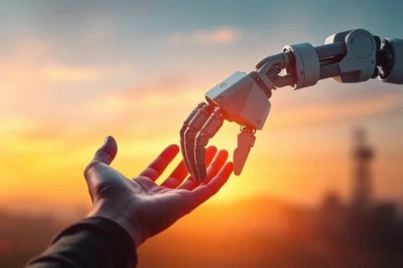 Digital painting depicting a human hand gently touching a robotic manipulator, symbolizing trust and partnership, with a blurred background of advanced manufacturing processes and data streams.