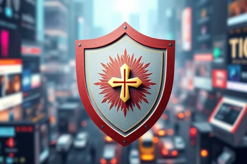 Escudo estilizado con emblema de santo, protegiendo de notificaciones y desinformación digital.