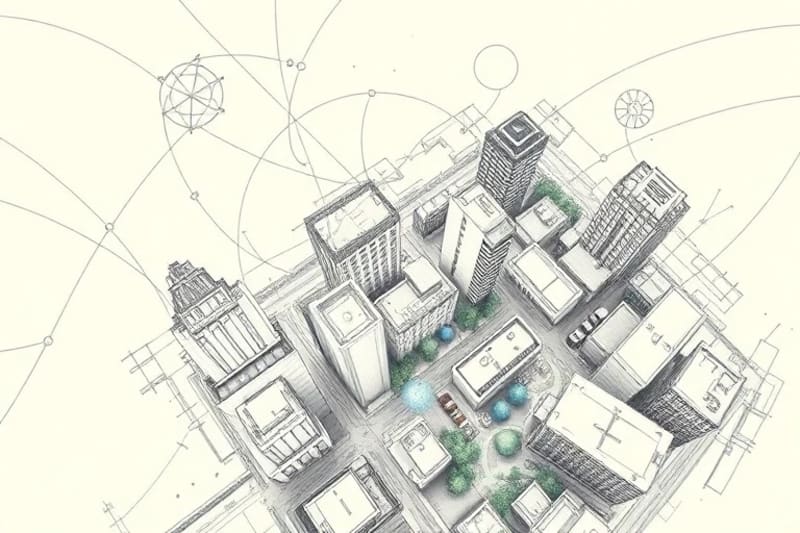 Abstract city block with energy flows