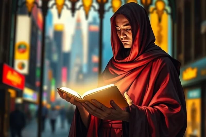 Figura serena con libro brillante, contrastando con el caos digital de fondo.
