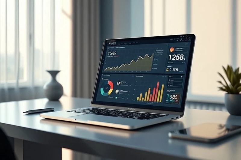 Small business owner reviewing digital growth charts on a laptop