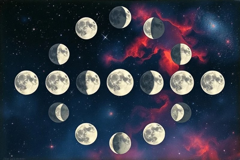 Stylized representation of Moon phases intertwined with 28 unique lunar mansion symbols against a cosmic backdrop