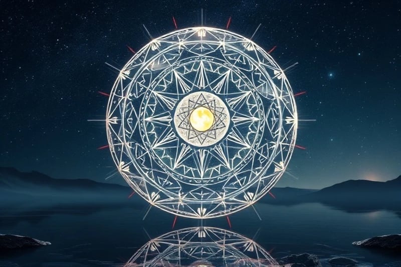Abstract 3D render of a glowing crystal sphere carved with astrological glyphs and lunar mansion symbols