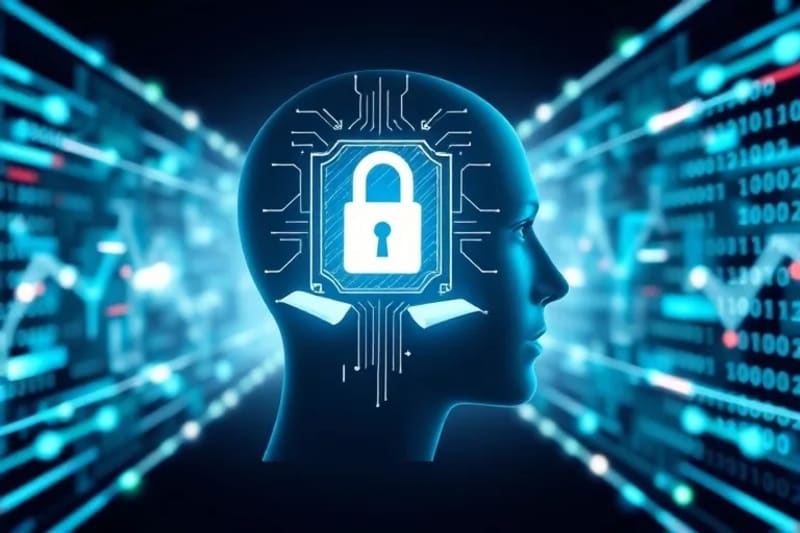 Vector art of a human head silhouette with a digital lock, surrounded by legal documents and binary code, representing mental privacy laws.