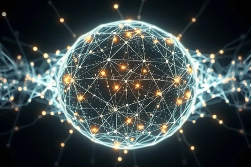 3D render of a neural network with a protective shield, representing the safeguarding of mental processes from digital interference.