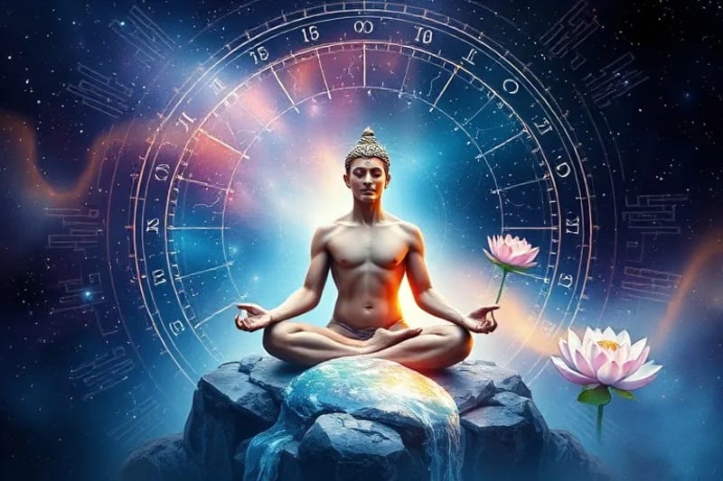 Figura meditando con elementos saturninos y neptunianos