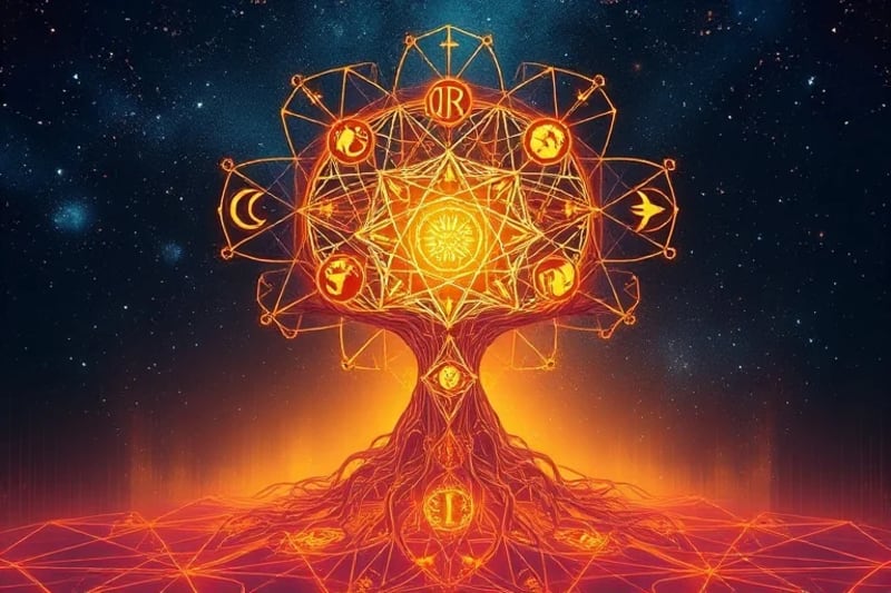 Stylized ancient family tree with glowing roots and branches, each leaf etched with astrological symbols, connecting to abstract genetic code.