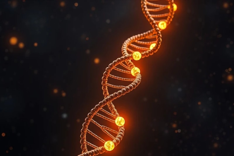 Intricate, glowing model of a DNA strand with pulsating light patterns resembling miniature planetary symbols, against a cosmic dust field.