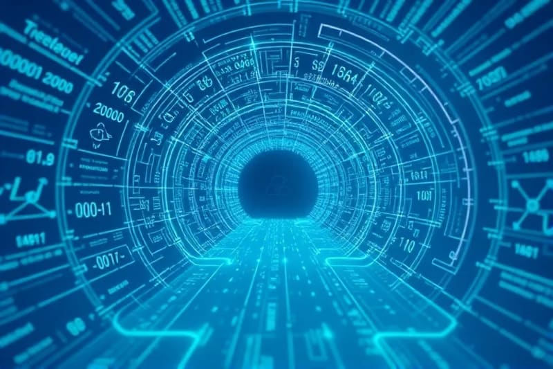 Minimalist vector art of data traveling through a secure quantum tunnel with cryptographic symbols.