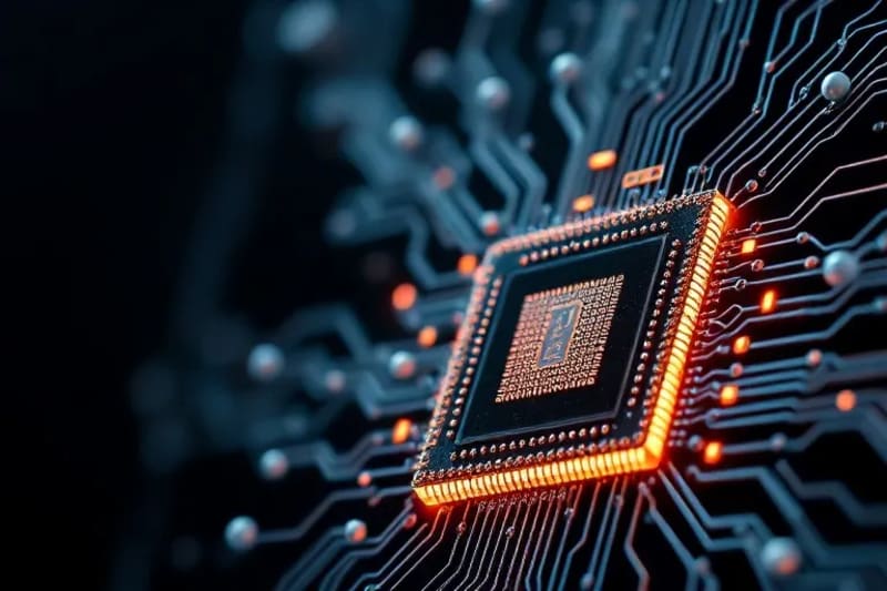 Macro photography of a microchip glowing with quantum energy, surrounded by abstract network nodes.