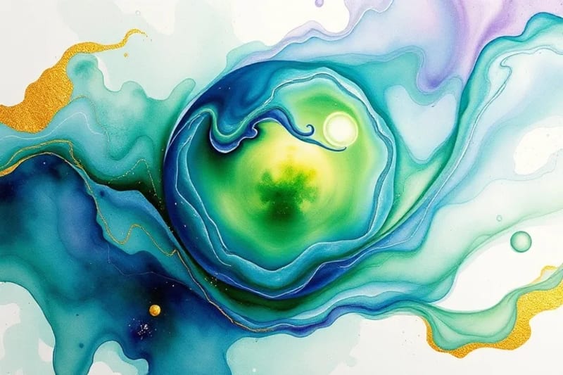Abstract watercolor painting of energy flowing and coalescing into a luminous sphere