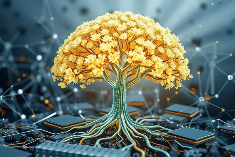 Representación conceptual de blockchain y naturaleza