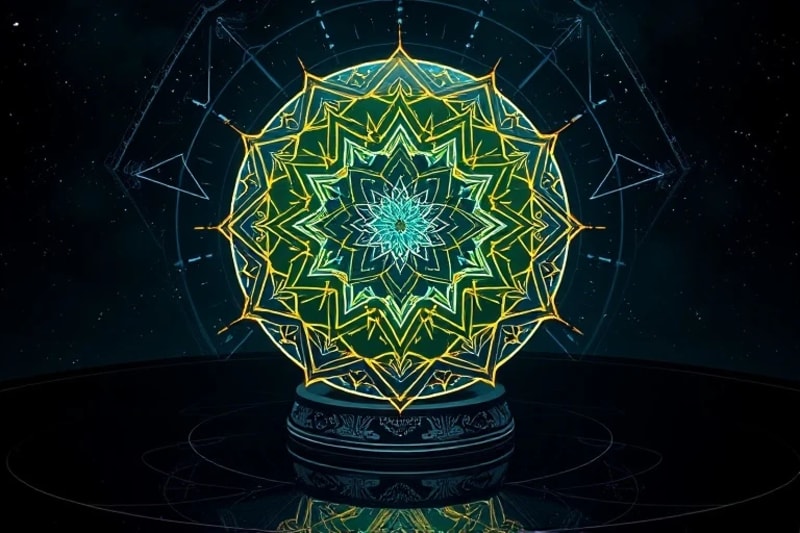 Digital tarot cards with circuit patterns and glowing crystal ball