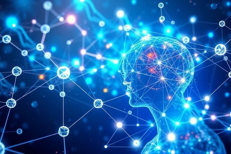 Abstract geometric network with glowing data streams and consciousness symbols
