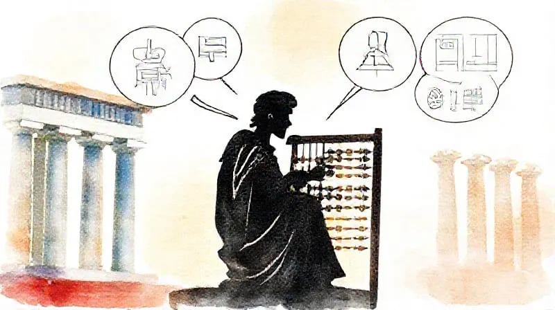 Filósofo griego estilizado contemplando un ábaco con símbolos matemáticos
