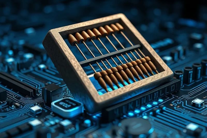 Piedra de ábaco sobre circuito electrónico con proyecciones holográficas de redes neuronales
