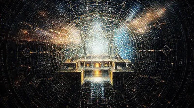 Architectural blueprint with celestial charts and geometric patterns