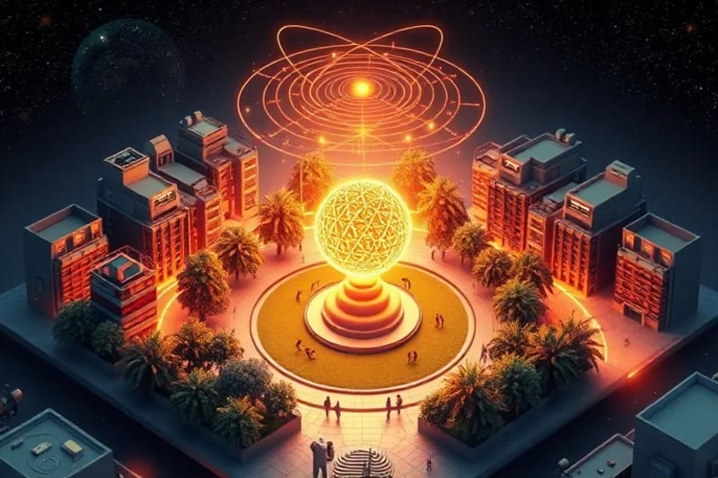 Abstract cosmic energy flowing through urban infrastructure