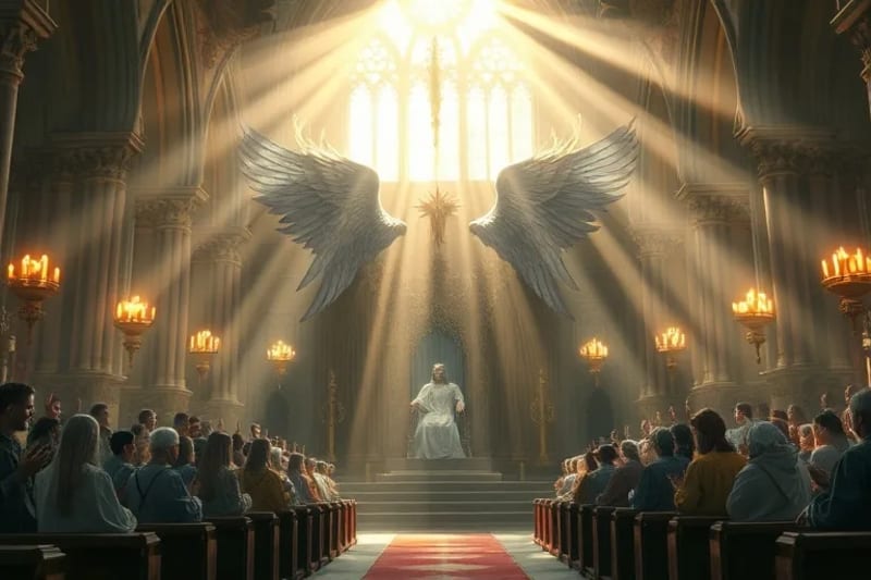 Representación digital de serafines, querubines y tronos en un consejo celestial, con alas intrincadas y símbolos de conocimiento divino.