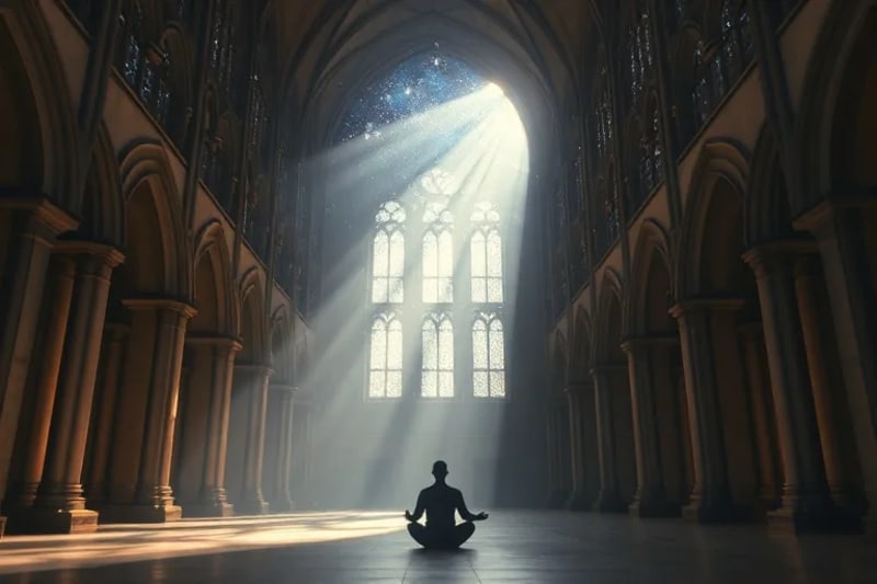 Ilustración de una figura humana meditando bajo un cielo estrellado, conectando con galaxias distantes a través de hilos de luz, con una atmósfera de paz interior.