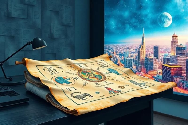 Mapa antiguo y proyección holográfica de una ciudad futurista