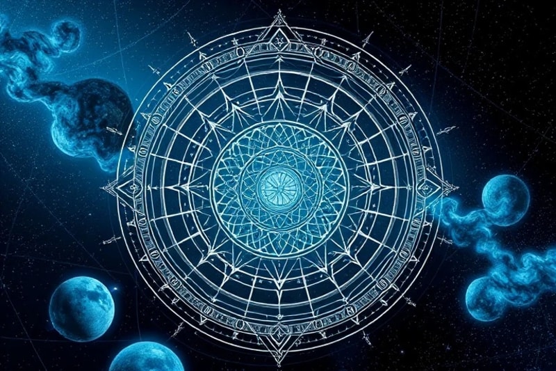 Abstract vector art showing stylized planetary orbits and astrological symbols interacting with flowing data streams.
