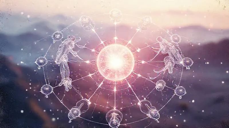 3D render of interconnected translucent energy figures linked by luminous data threads, orbiting a central pulsating light sphere.